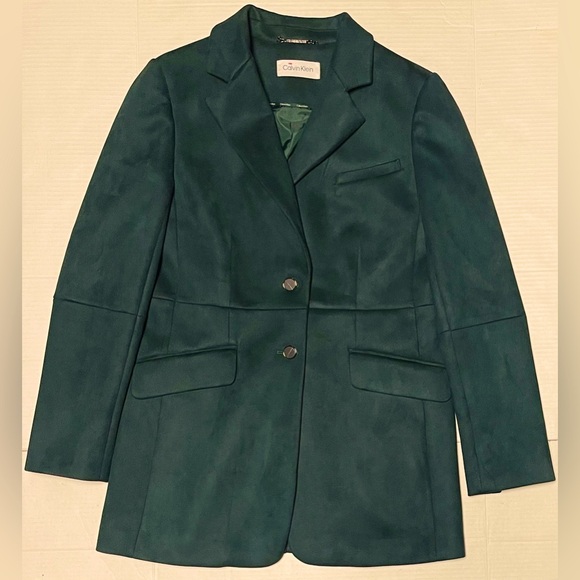 CALVIN KLEIN NOTCHED COLLAR BLAZER FAUX SUEDE GREEN WOMEN DOBLE BUTTON  SIZE S - Picture 8 of 10